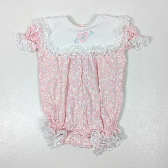 Vintage Bryan Bubble Romper Baby Girls Size 6-9m Pink Floral Frilly Heart - Picture 1 of 5